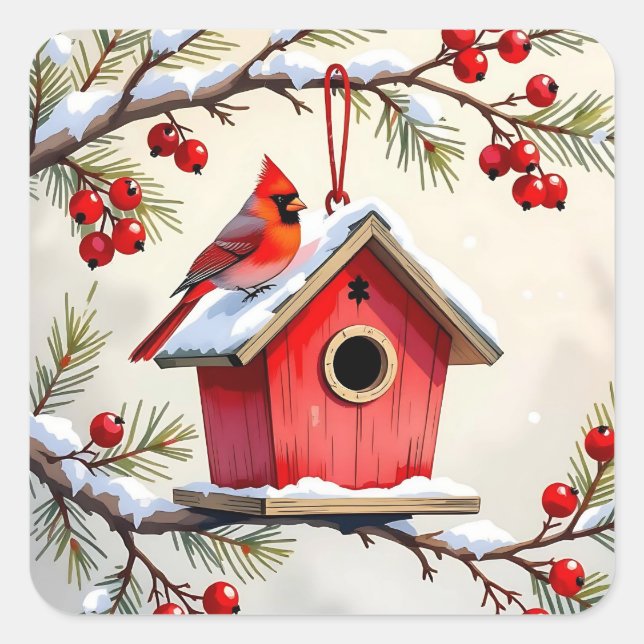 Pegatina Cuadrada Christmas Cardinal Birdhouse snowy pine branch  (Anverso)