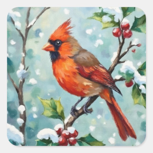 Pegatina Cuadrada Christmas Cardinal on a Holly Branch (Anverso)