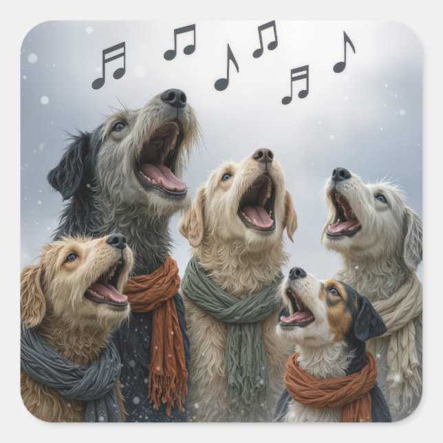 Pegatina Cuadrada Christmas Caroling Dogs In Snowflakes (Anverso)