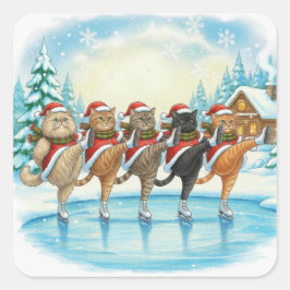 Pegatina Cuadrada Christmas Cat Skaters, Stickers
