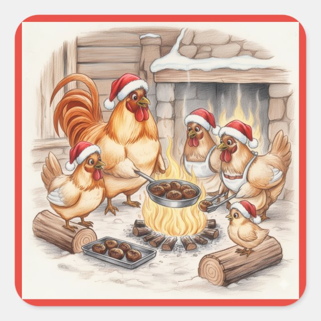 Pegatina Cuadrada Christmas Chickens Roasting Chestnuts, Stickers (Anverso)