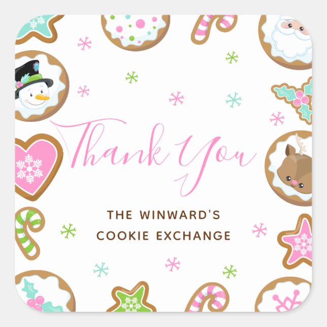 Pegatina Cuadrada Christmas Cookie Exchange Party Pink Thank You (Anverso)