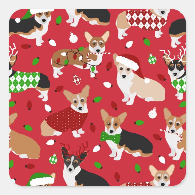 Pegatina Cuadrada Christmas Corgi Dogs Square Sticker (Anverso)