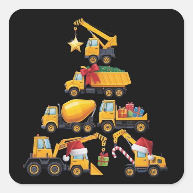 Pegatina Cuadrada Christmas Excavator Construction Truck Tree (Anverso)
