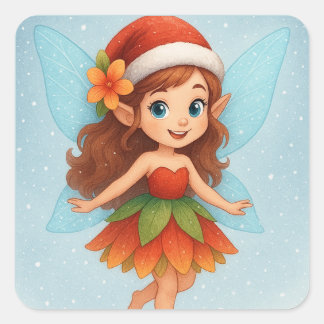 Pegatina Cuadrada Christmas Fairy ,Cute Winter Fairy Holiday