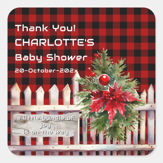 Pegatina Cuadrada Christmas Fence Buffalo Plaid Baby Shower (Anverso)