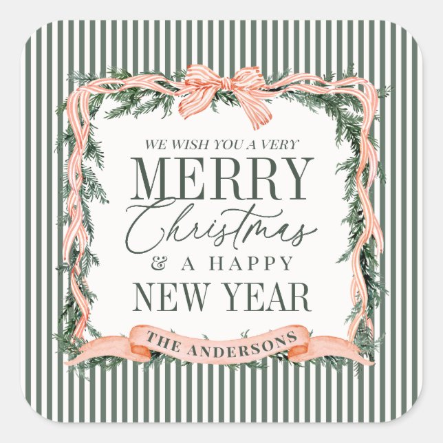 Pegatina Cuadrada Christmas Garland Ribbon Frame (Anverso)