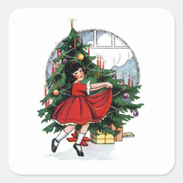 Pegatina Cuadrada Christmas Girl Vintage Illustration (Anverso)