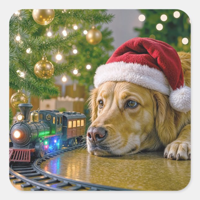 Pegatina Cuadrada Christmas Golden Retriever Watching a Toy Train (Anverso)