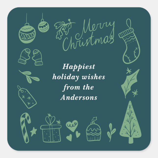 Pegatina Cuadrada Christmas Green Cute Festive Hand Drawn Doodles (Anverso)