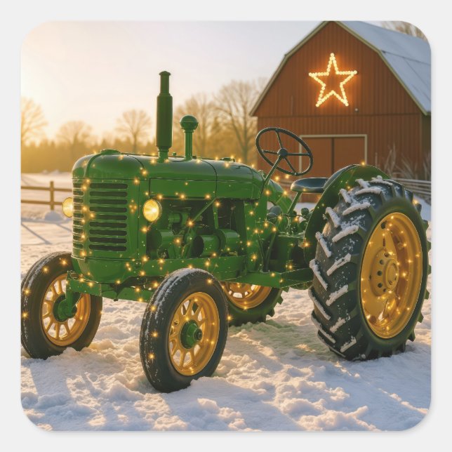 Pegatina Cuadrada Christmas Green Tractor With Glowing Lights (Anverso)