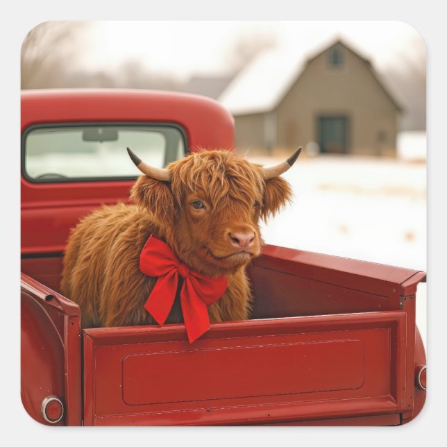 Pegatina Cuadrada Christmas Highland Cow In Old Red Truck (Anverso)