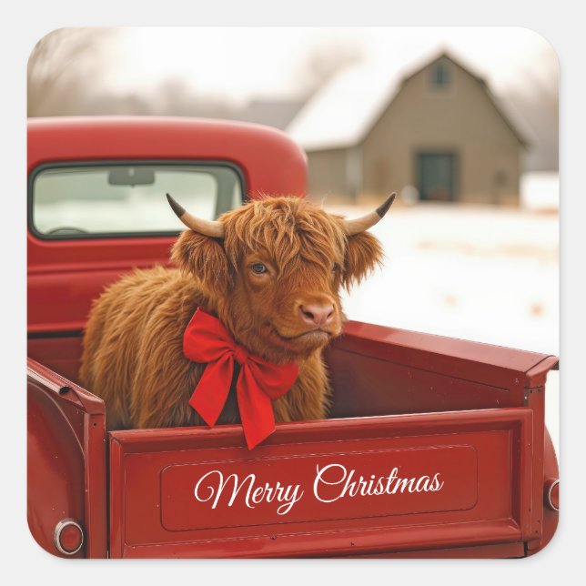 Pegatina Cuadrada Christmas Highland Cow In Old Red Truck (Anverso)