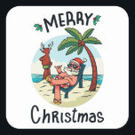 Pegatina Cuadrada Christmas in July<br><div class="desc">Funny Christmas design featuring an illustration of Santa Claus relaxing at the beach under a palm tree on a little island. A perfect match for Christmas in July as well as for real Christmas in December.</div>