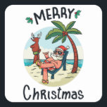 Pegatina Cuadrada Christmas in July<br><div class="desc">Funny Christmas design featuring an illustration of Santa Claus relaxing at the beach under a palm tree on a little island. A perfect match for Christmas in July as well as for real Christmas in December.</div>