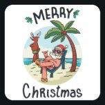 Pegatina Cuadrada Christmas in July<br><div class="desc">Funny Christmas design featuring an illustration of Santa Claus relaxing at the beach under a palm tree on a little island. A perfect match for Christmas in July as well as for real Christmas in December.</div>