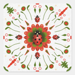 Pegatina Cuadrada Christmas Ladybug Red White Green Hand-drawn