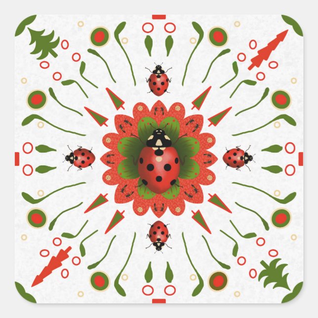 Pegatina Cuadrada Christmas Ladybug Red White Green Hand-drawn (Anverso)