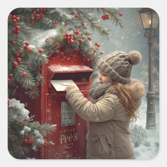Pegatina Cuadrada Christmas mailbox cute festive winter holiday art (Anverso)