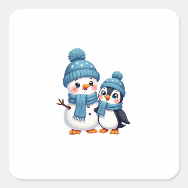 Pegatina Cuadrada Christmas Merry Christmas For Gift Penguin Snowman (Anverso)