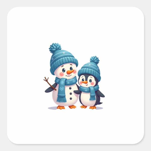 Pegatina Cuadrada Christmas Merry Christmas For Gift Penguin Snowman (Anverso)