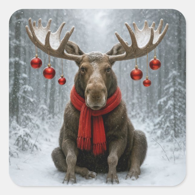 Pegatina Cuadrada Christmas Moose In a Snowy Forest (Anverso)