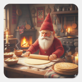 Pegatina Cuadrada Christmas Norwegian Nisse Making Lefse, Stickers