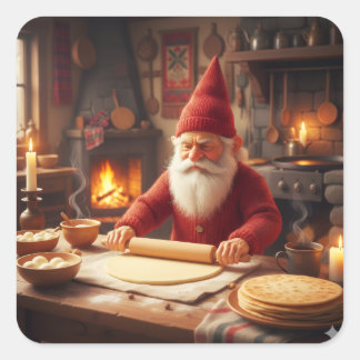 Pegatina Cuadrada Christmas Norwegian Nisse Making Lefse, Stickers