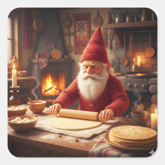 Pegatina Cuadrada Christmas Norwegian Nisse Making Lefse, Stickers (Anverso)
