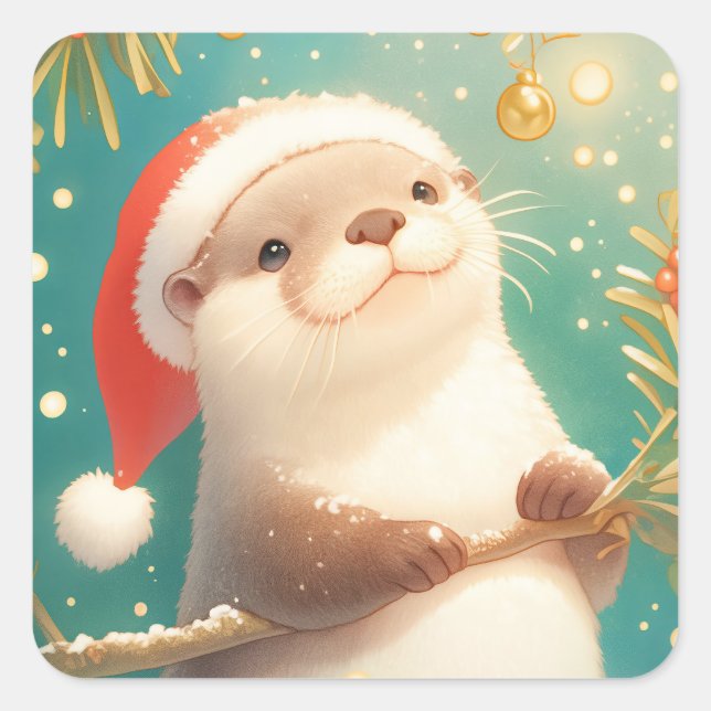 Pegatina Cuadrada Christmas Otter in Santa Hat with Holly Berries (Anverso)