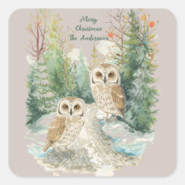 Pegatina Cuadrada Christmas Owl Sticker – Woodland Forest Watercolor