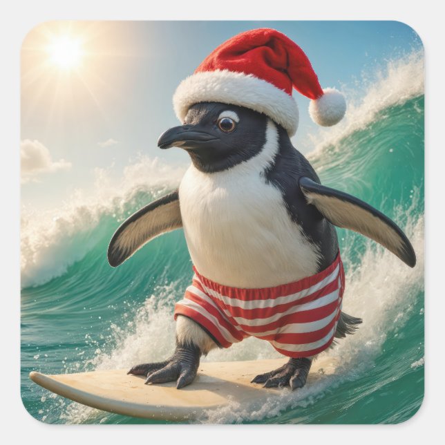Pegatina Cuadrada Christmas Penguin Surfing On an Ocean Wave (Anverso)