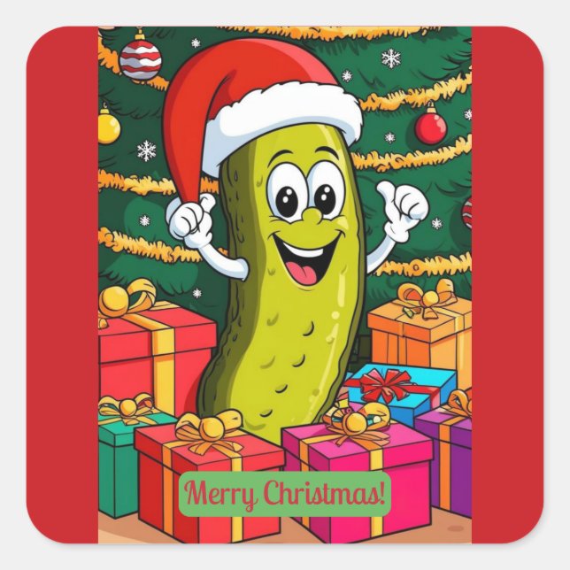 Pegatina Cuadrada Christmas Pickle Cartoon Character Presents (Anverso)