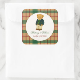Pegatina Cuadrada Christmas Plaid Preppy Bear Baby Shower 