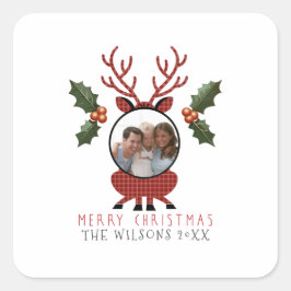 Pegatina Cuadrada Christmas Plaid Reindeer with Personalized Photo