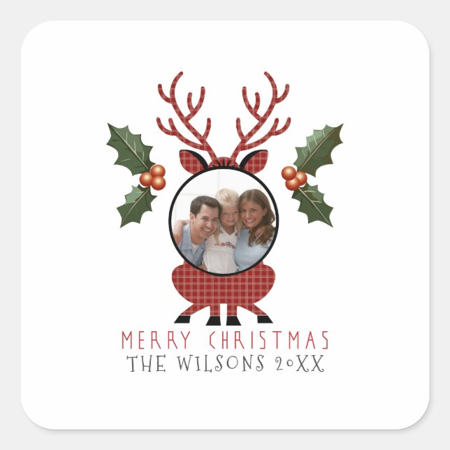 Pegatina Cuadrada Christmas Plaid Reindeer with Personalized Photo (Anverso)