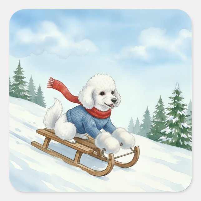Pegatina Cuadrada Christmas Poodle Sledding, Stickers (Anverso)