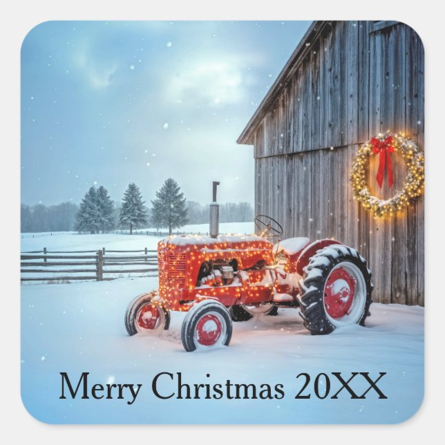 Pegatina Cuadrada Christmas Red Farm Tractor In Snow (Anverso)