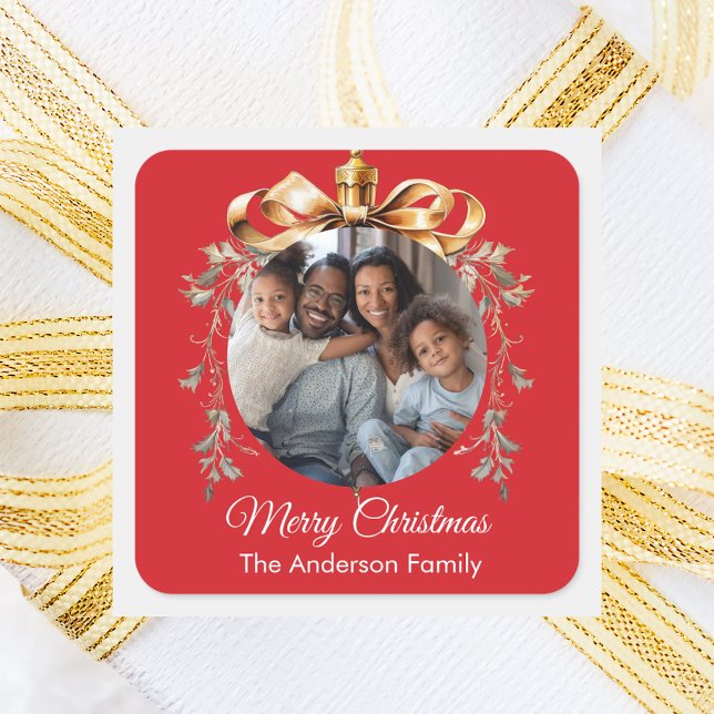Pegatina Cuadrada Christmas red gold bauble family photo (Subido por el creador)