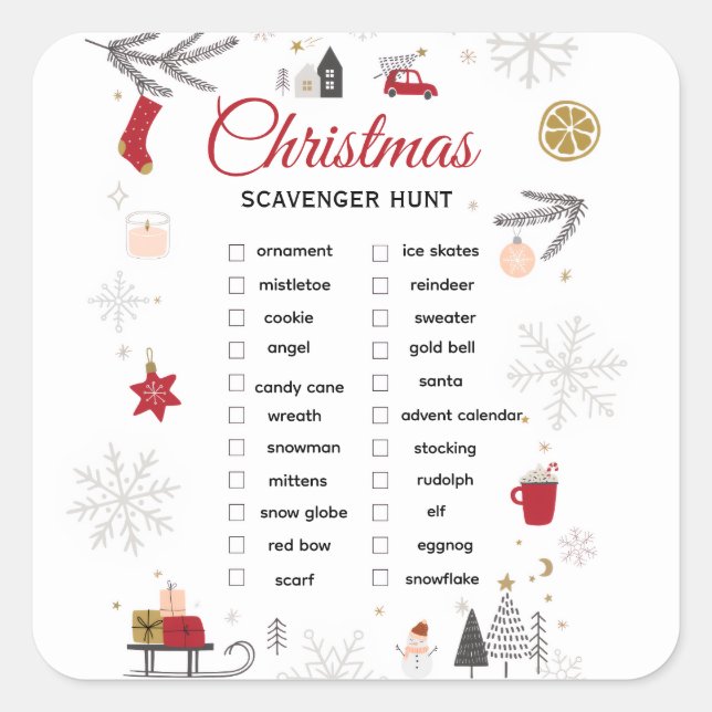 Pegatina Cuadrada Christmas Scavenger Hunt Checklist Art (Anverso)