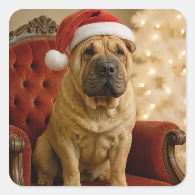 Pegatina Cuadrada Christmas Shar-Pei Dog With Santa Hat (Anverso)