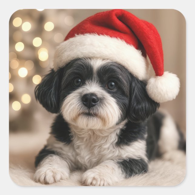 Pegatina Cuadrada Christmas Shih Tzu Dog With Santa Hat (Anverso)