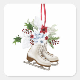 Pegatina Cuadrada Christmas skating shoes with flowers and leaves