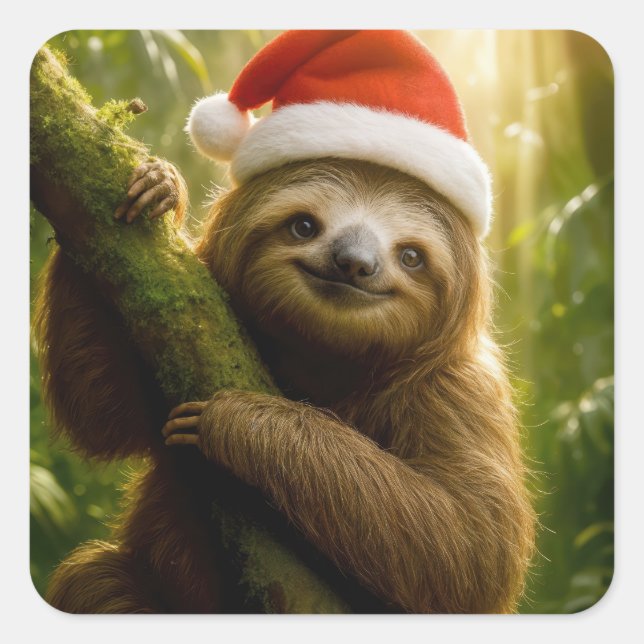 Pegatina Cuadrada Christmas Sloth Wearing a Santa Hat (Anverso)