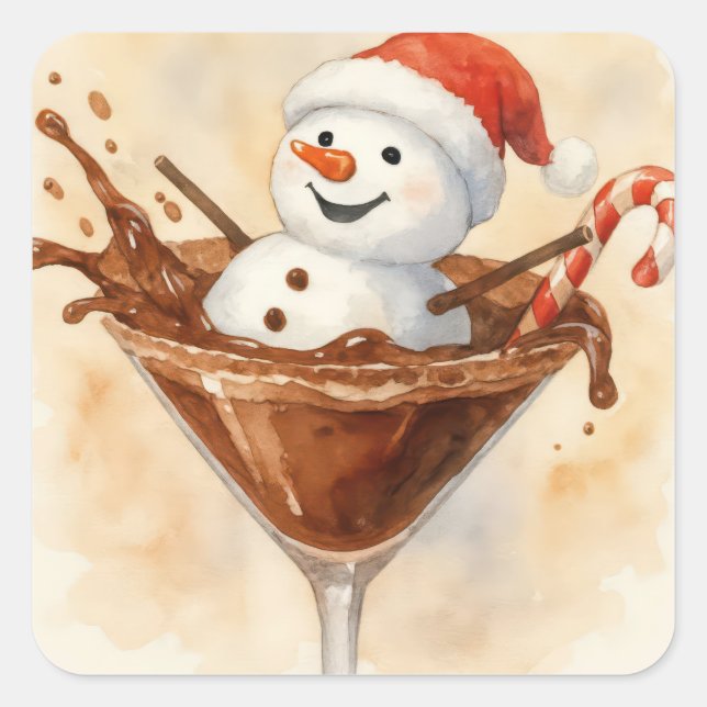 Pegatina Cuadrada Christmas Snowman In a Chocolate Martini (Anverso)