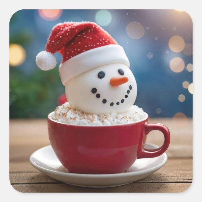 Pegatina Cuadrada Christmas Snowman In Hot Cocoa (Anverso)