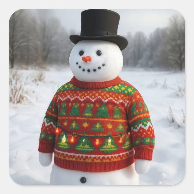 Pegatina Cuadrada Christmas Snowman Wearing an Ugly Sweater (Anverso)
