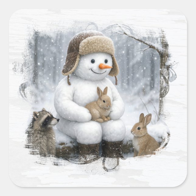 Pegatina Cuadrada Christmas Snowman With Friends In Winter Woods (Anverso)