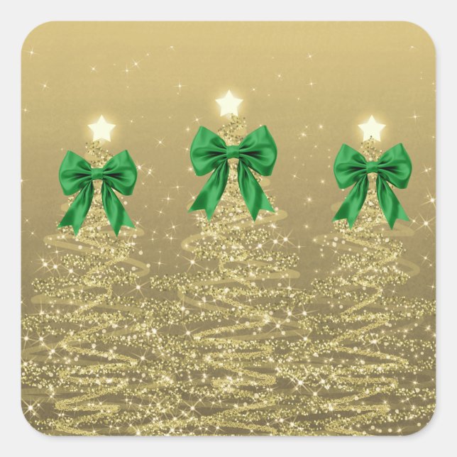 Pegatina Cuadrada Christmas Sparkling Trees Gold Faux Green Bow  (Anverso)