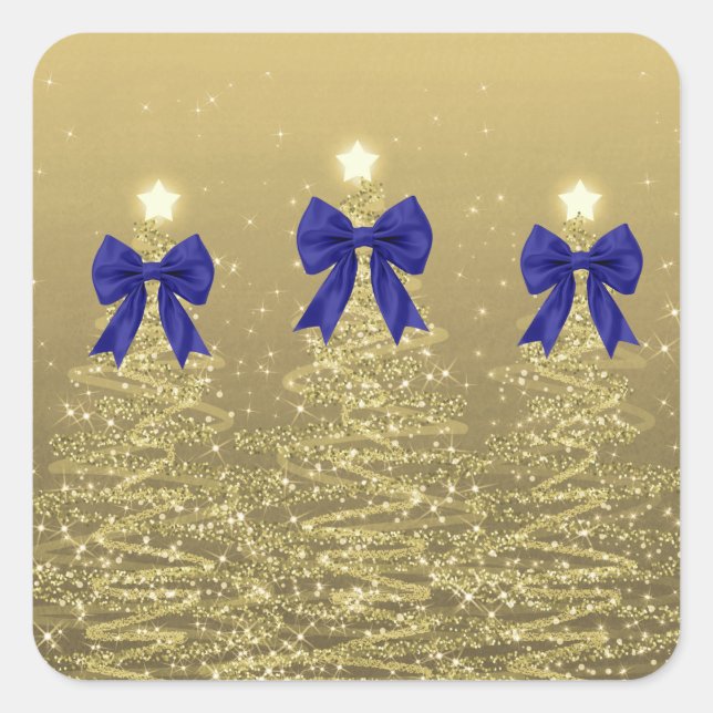 Pegatina Cuadrada Christmas Sparkling Trees Gold Faux Navy Bow  (Anverso)